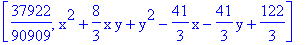 [37922/90909, x^2+8/3*x*y+y^2-41/3*x-41/3*y+122/3]